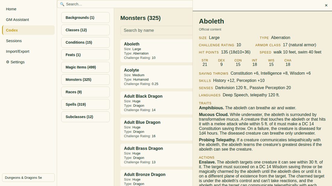 Loresight Codex on desktop: the Monsters list for D&D 5e with the Aboleth sheet open, showing CR 10, AC 17, HP 135 and its traits