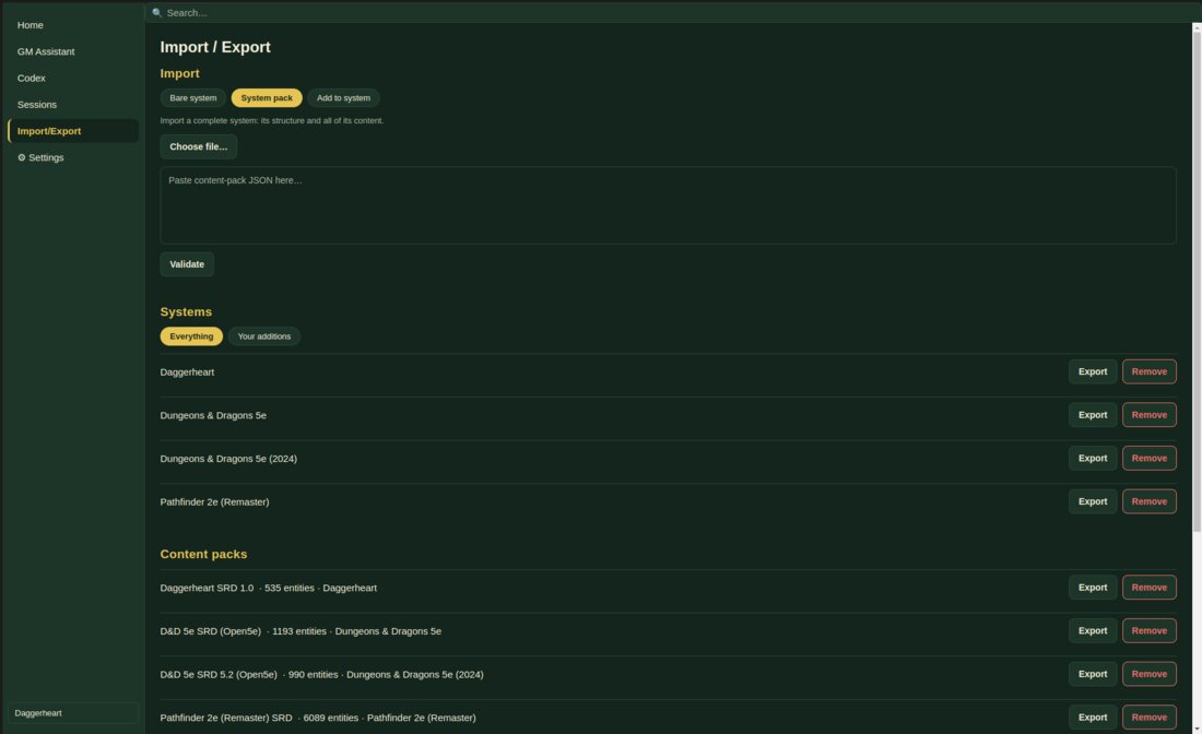 Loresight Import / Export screen in dark mode: choose Bare system, System pack or Add to system, pick a file or paste JSON, validate, then export or remove the four installed systems and their content packs